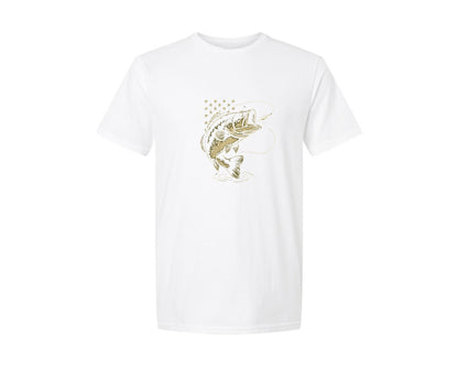 brand:Generic|color:White|Patriotic Bass Fish Jumping With Lure Graphic T-Shirt