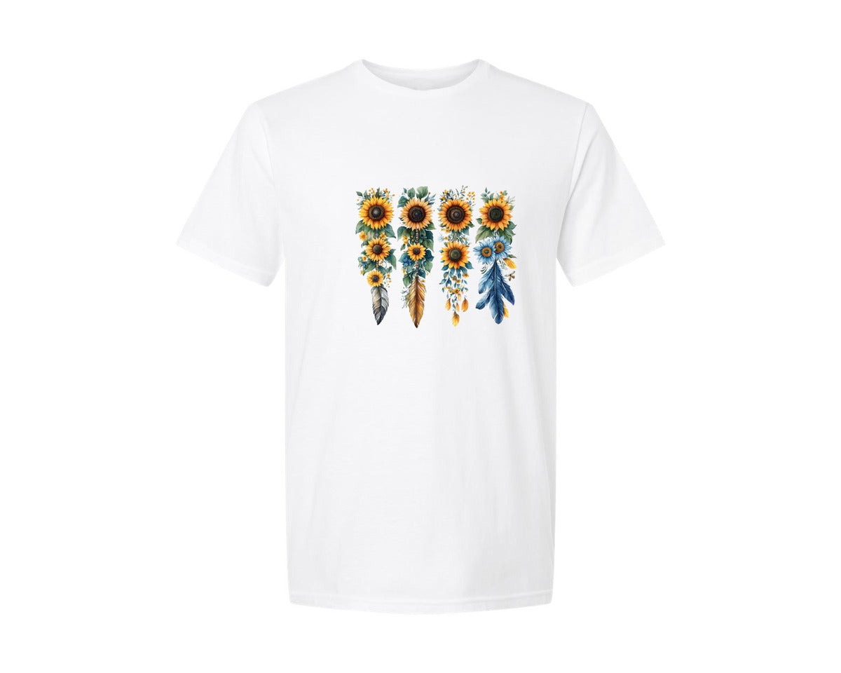 brand:Generic|color:White|Boho Wildflowers Feathers Flowers Graphic T-Shirt