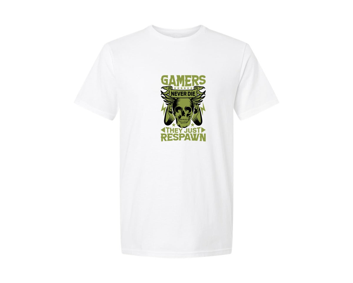 brand:Generic|color:White|Gamers Never Die Gaming Vector Design Graphic T-Shirt