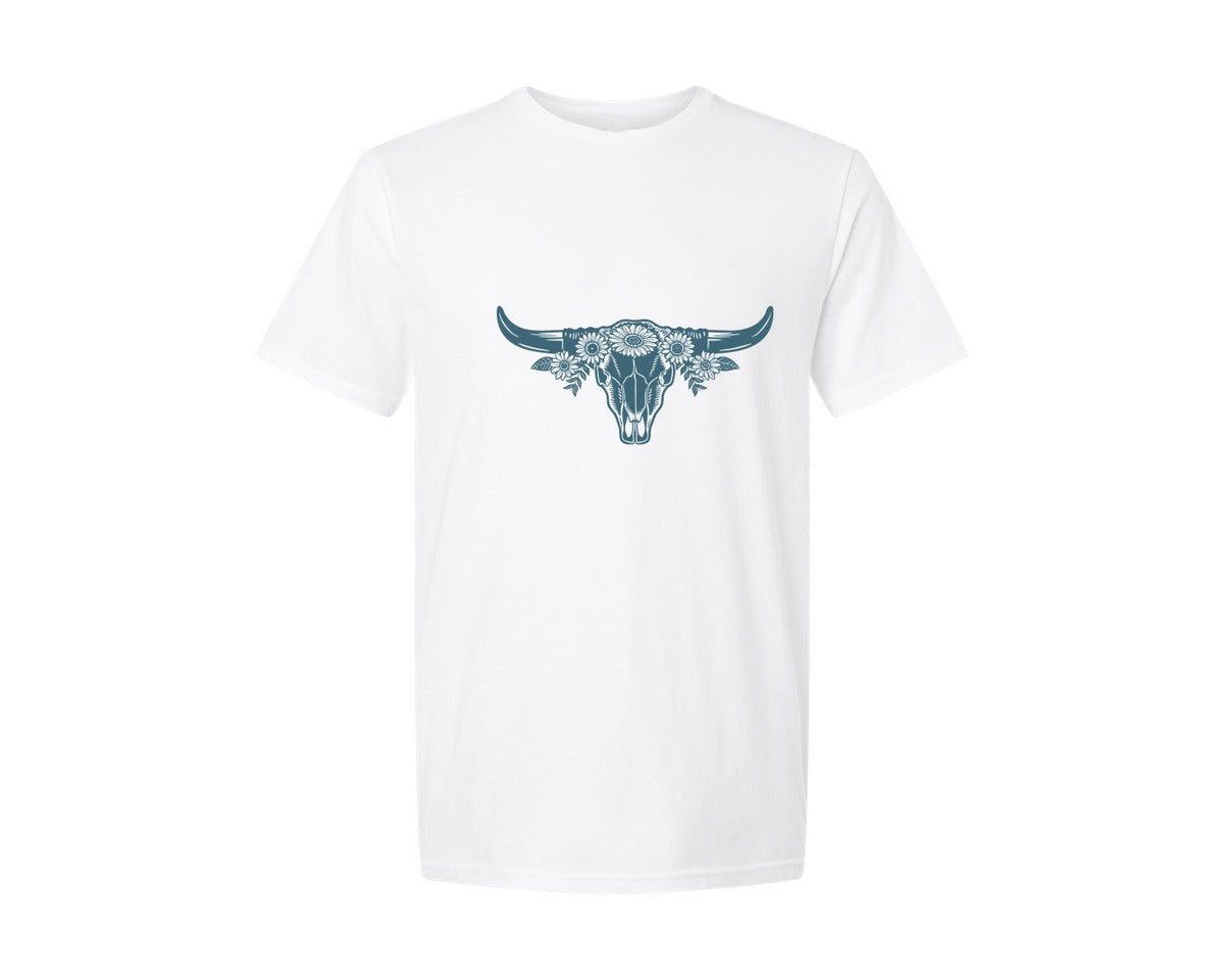 brand:Generic|color:White|Western Bull Skull Longhorn Boho Flowers 4 Graphic T-Shirt