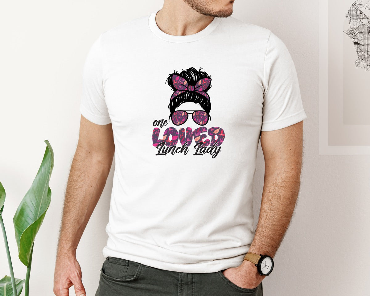 brand:Bella Canvas|color:White|One Loved Lunch Lady Messy Bun Sunglasse Graphic T-Shirt