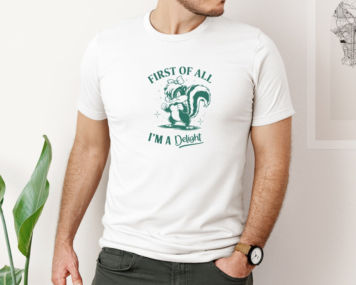 brand:Bella Canvas|color:White|First Of All Im A Delight Skunk T Shirt 2 Graphic T-Shirt