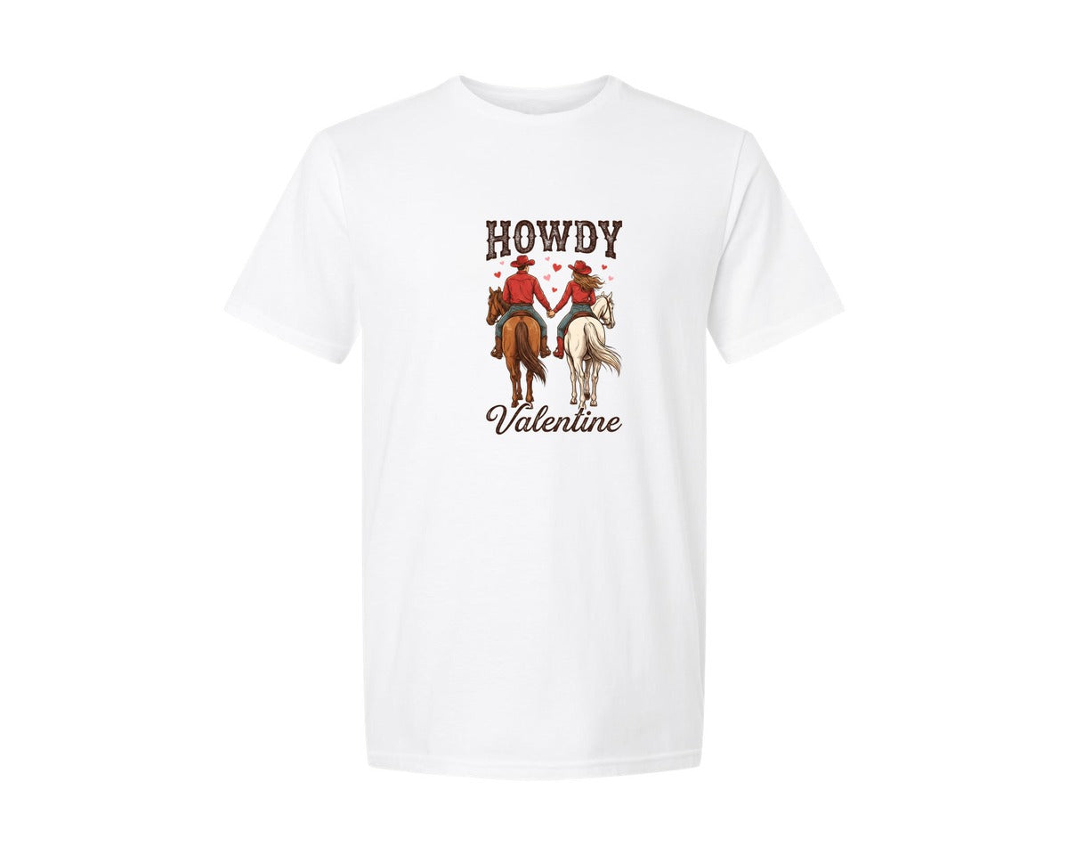 brand:Generic|color:White|Howdy Valentine Cowboy Couple 2 Graphic T-Shirt