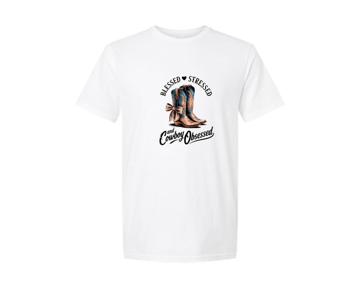 brand:Generic|color:White|Blessed Stressed Mom Western Mothers Day 3 Graphic T-Shirt