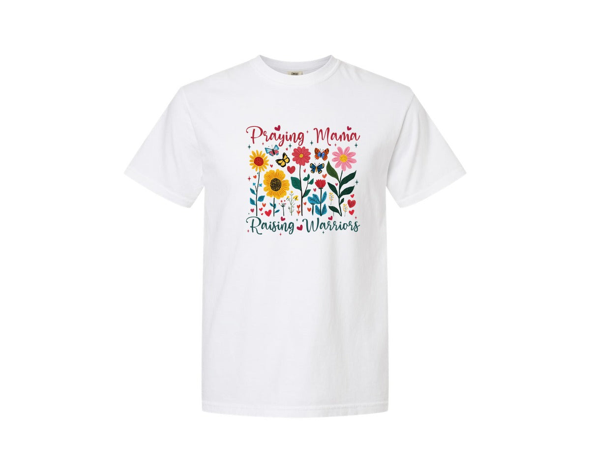 brand:Comfort Colors|color:White|Praying Mama Raising Warriors Boho Graphic T-Shirt