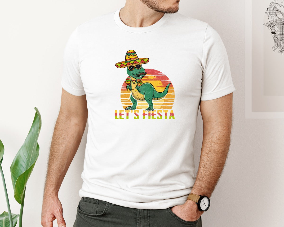 brand:Bella Canvas|color:White|Lets Fiesta Dinosaur Cinco De Mayo Graphic T-Shirt