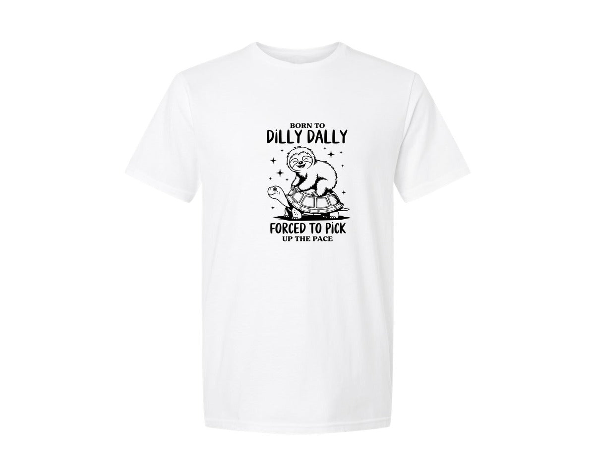 brand:Generic|color:White|Born To Dilly Dally Funny Sloth Graphic T-Shirt