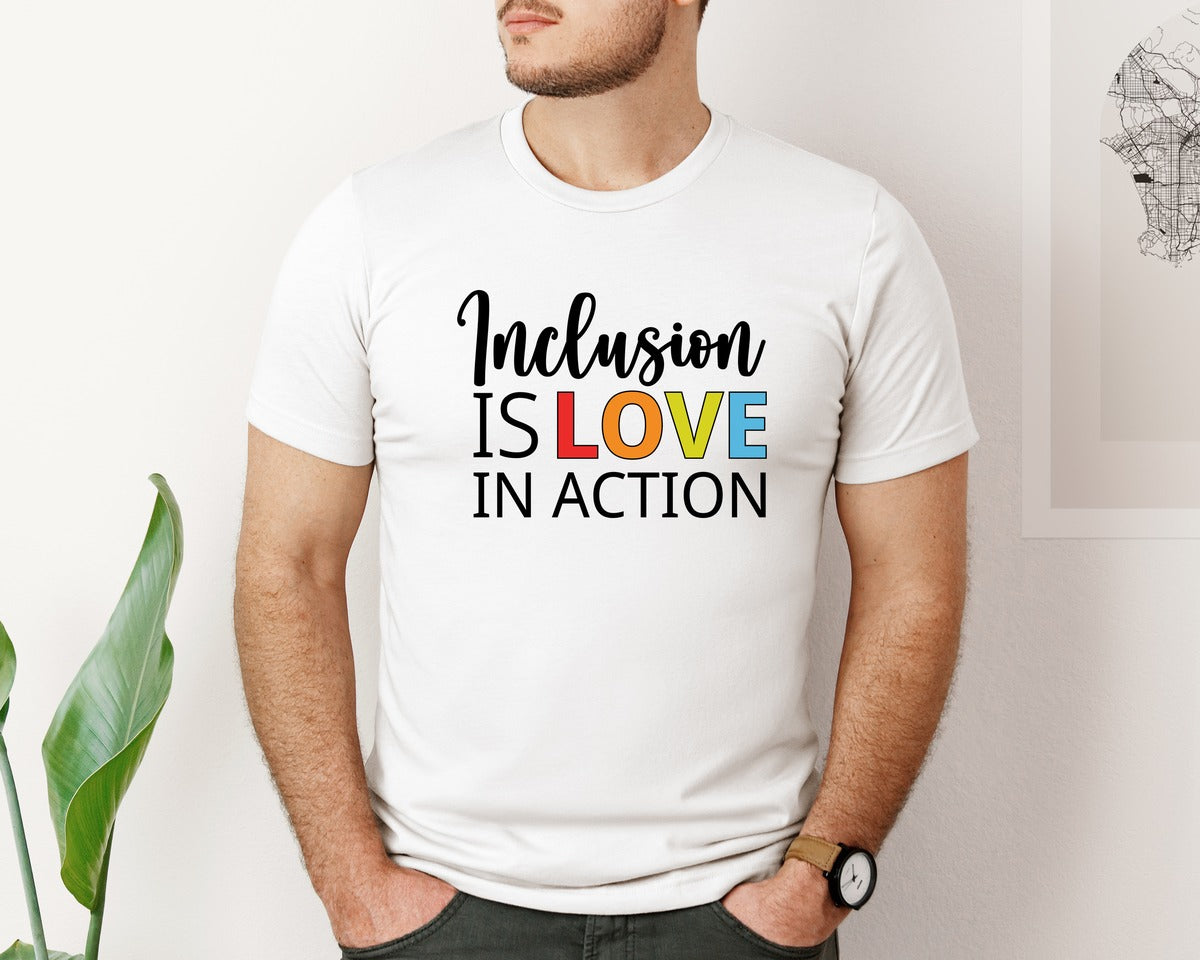 brand:Bella Canvas|color:White|Inclusion Is Love In Action T Shirt Graphic T-Shirt