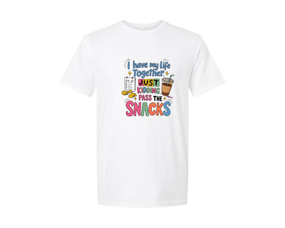 brand:Generic|color:White|Sarcastic Snacks Retro Adult Humor Graphic T-Shirt