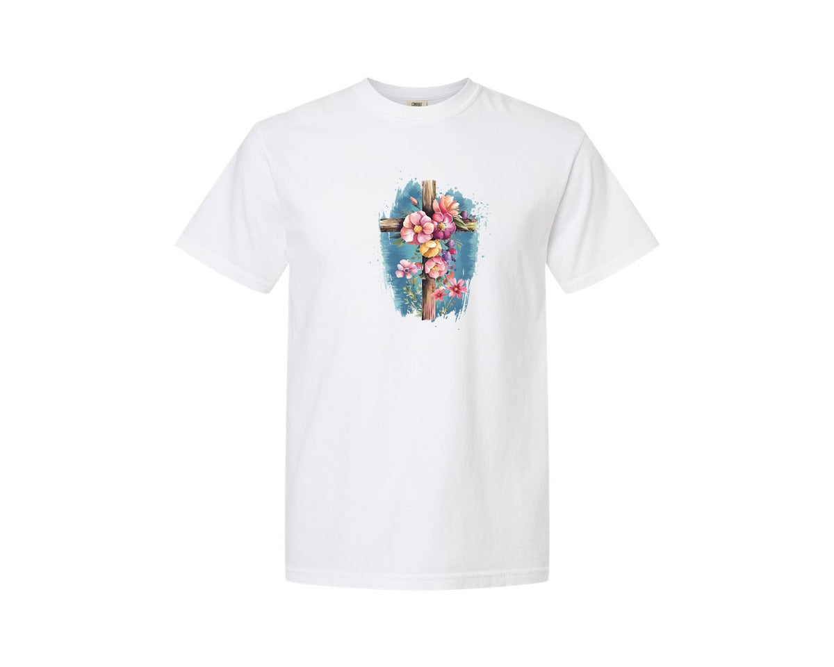 brand:Comfort Colors|color:White|Floral Christian Cross Graphic T-Shirt