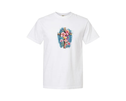 brand:Comfort Colors|color:White|Floral Christian Cross Graphic T-Shirt