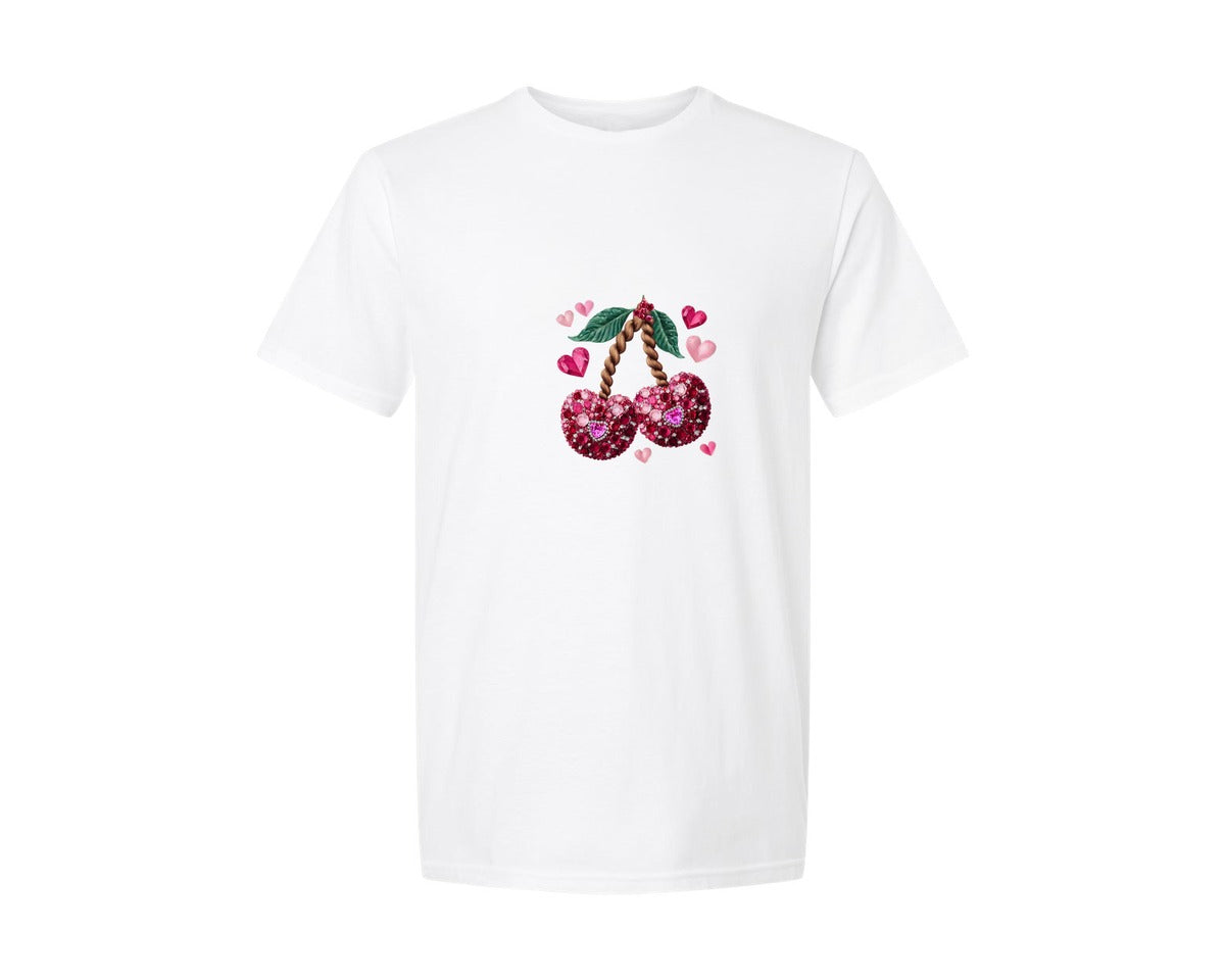 brand:Generic|color:White|Valentine Cherry Bow Crochet Faux Yarn 3 Graphic T-Shirt