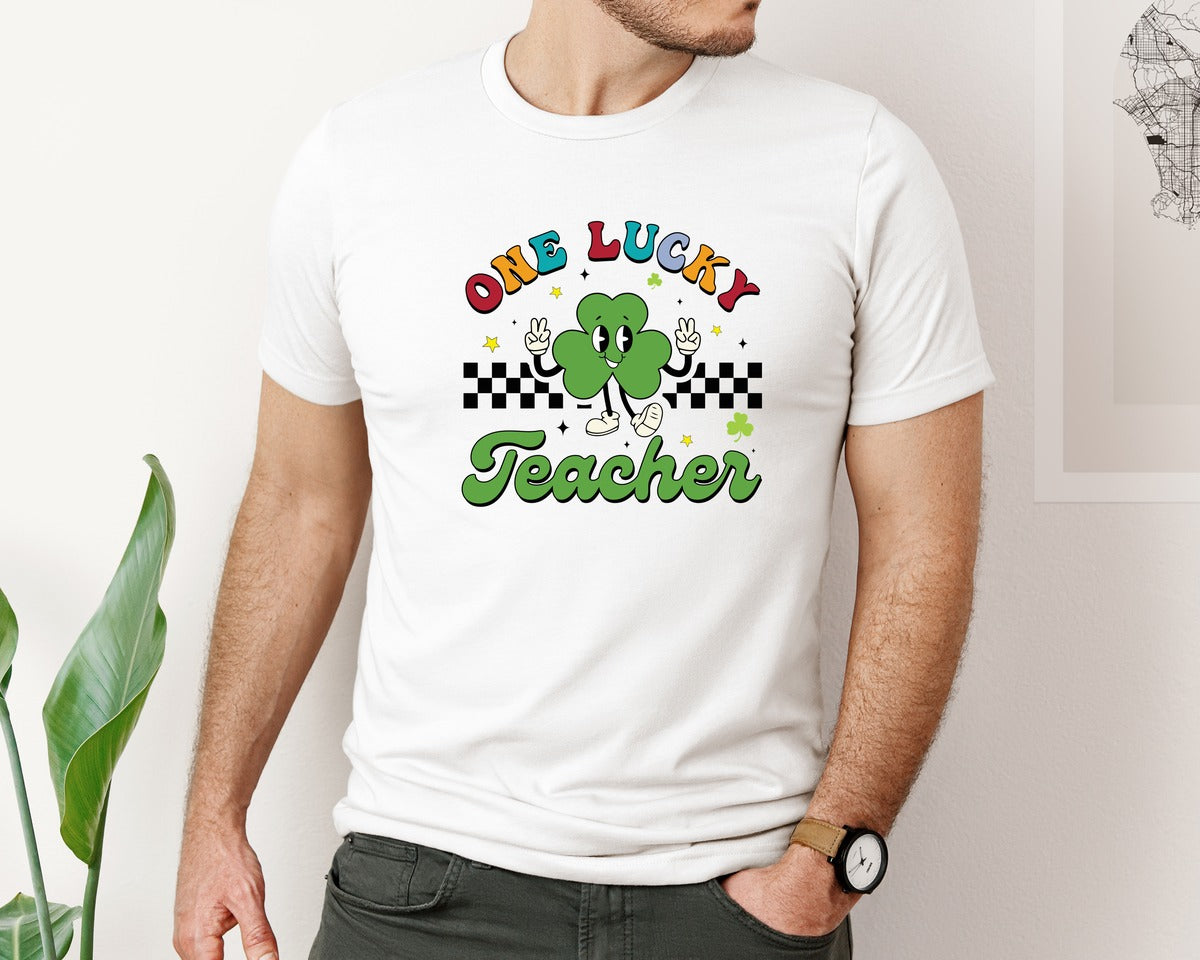 brand:Bella Canvas|color:White|Lucky Teacher St Patrick Day Graphic T-Shirt