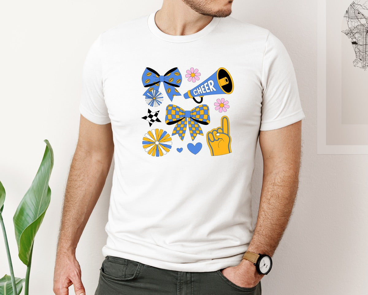 brand:Bella Canvas|color:White|Cheer Coquette Blue Gold Cheer Mom 3 Graphic T-Shirt