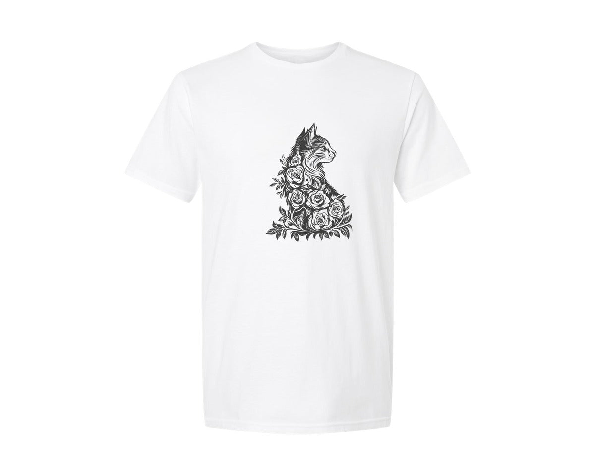brand:Generic|color:White|Floral Cat Silhouette Graphics Art Graphic T-Shirt