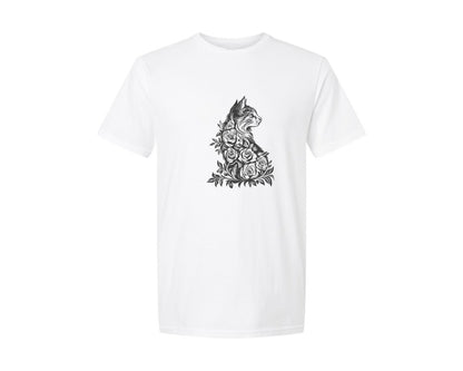 brand:Generic|color:White|Floral Cat Silhouette Graphics Art Graphic T-Shirt