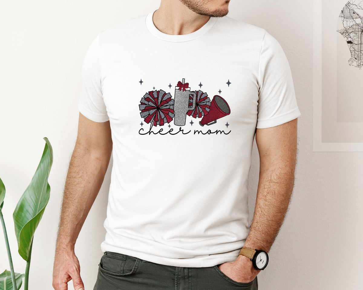 brand:Bella Canvas|color:White|Cheer Mom Glitter Cheerleading Graphic T-Shirt