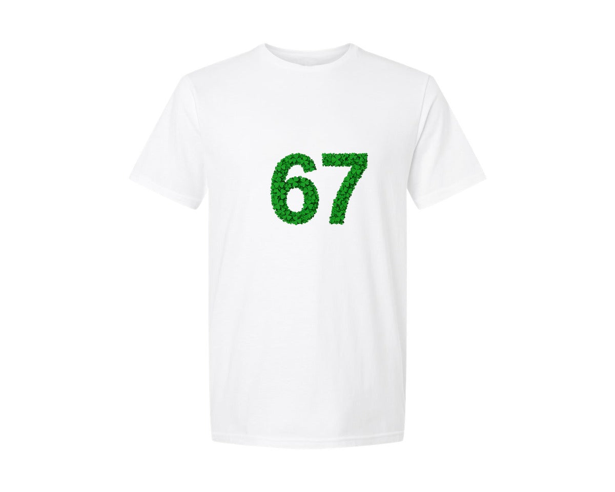 brand:Generic|color:White|Lucky Shamrock 67 Number Graphic T-Shirt