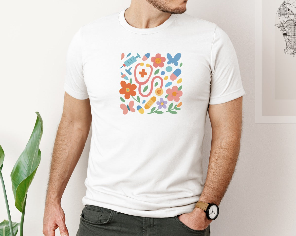 brand:Bella Canvas|color:White|Aesthetic Boho Nurse Stethoscope Graphic T-Shirt