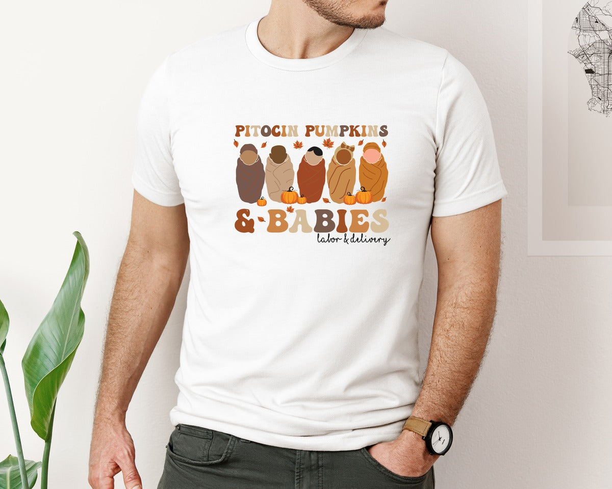 brand:Bella Canvas|color:White|Pitocin Pumpkins Babies Graphic T-Shirt