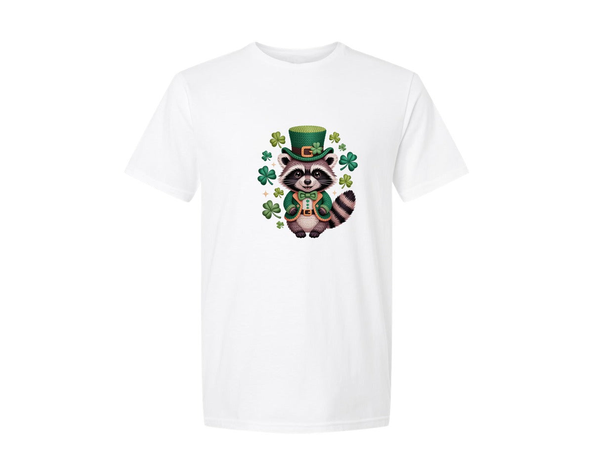 brand:Generic|color:White|Faux Yarn Lucky Raccoon St Patricks Day Graphic T-Shirt