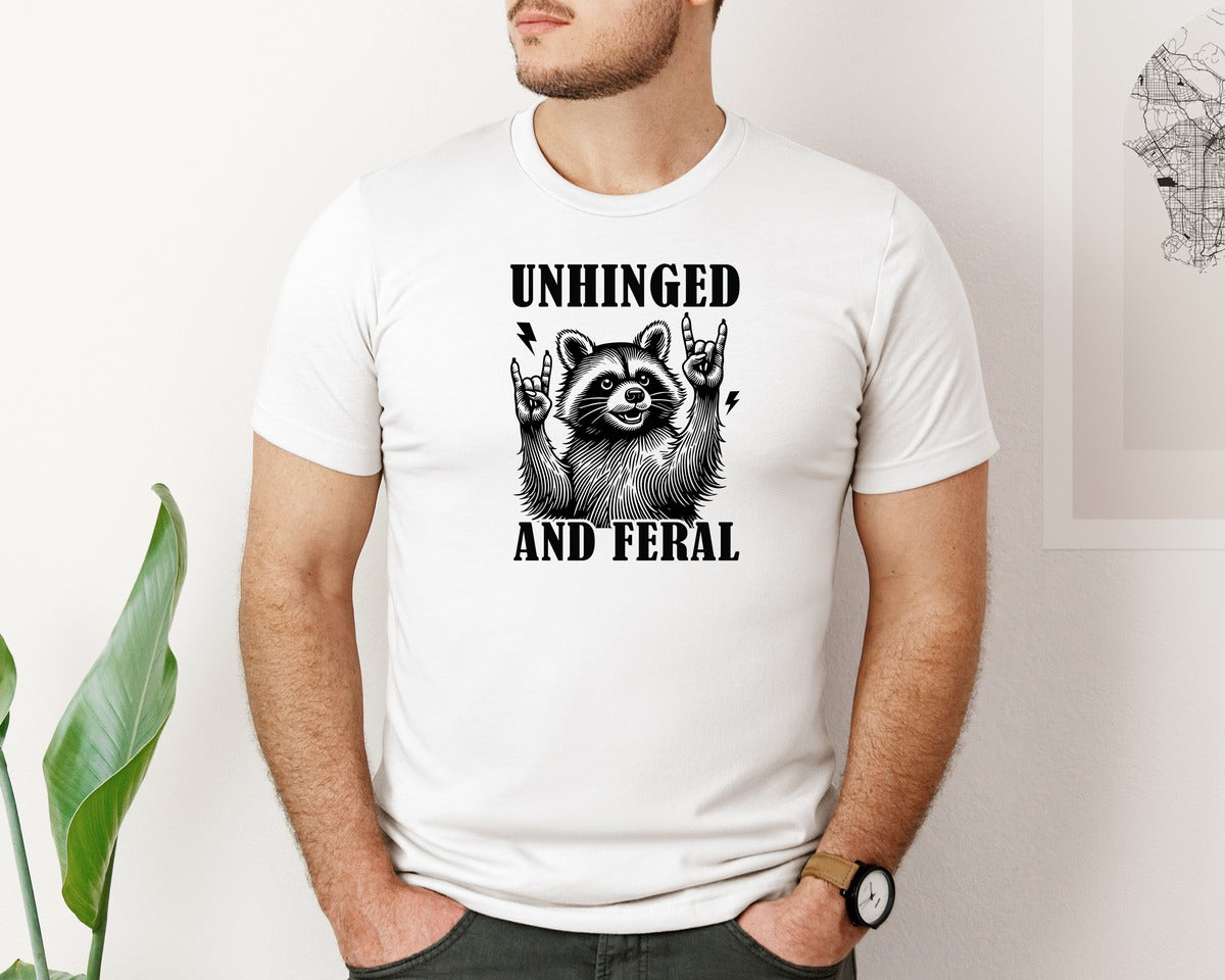 brand:Bella Canvas|color:White|Unhinged And Feral Vintage Raccoon Meme Graphic T-Shirt