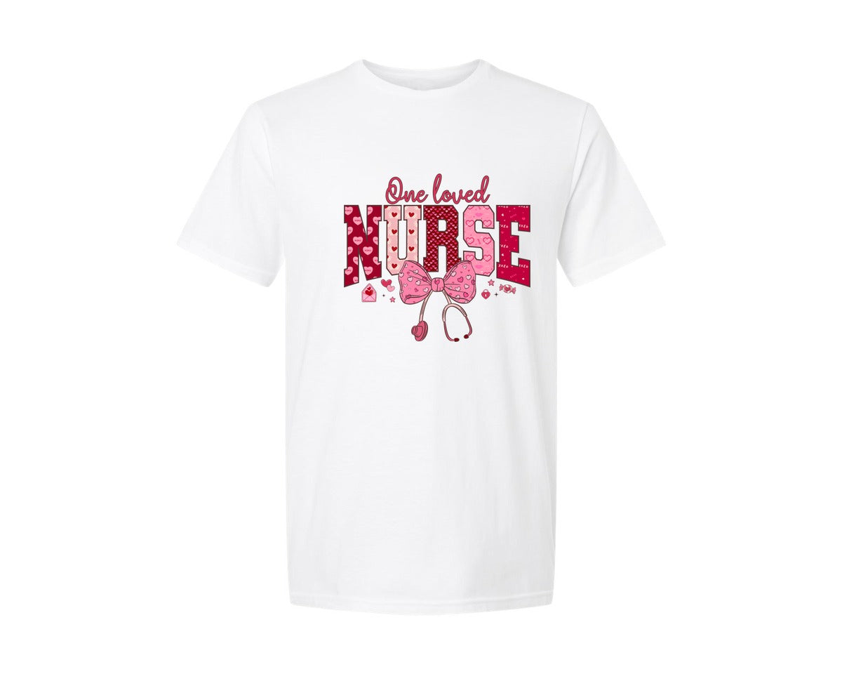 brand:Generic|color:White|Coquette Nurse Valentine One Loved Nurse Graphic T-Shirt