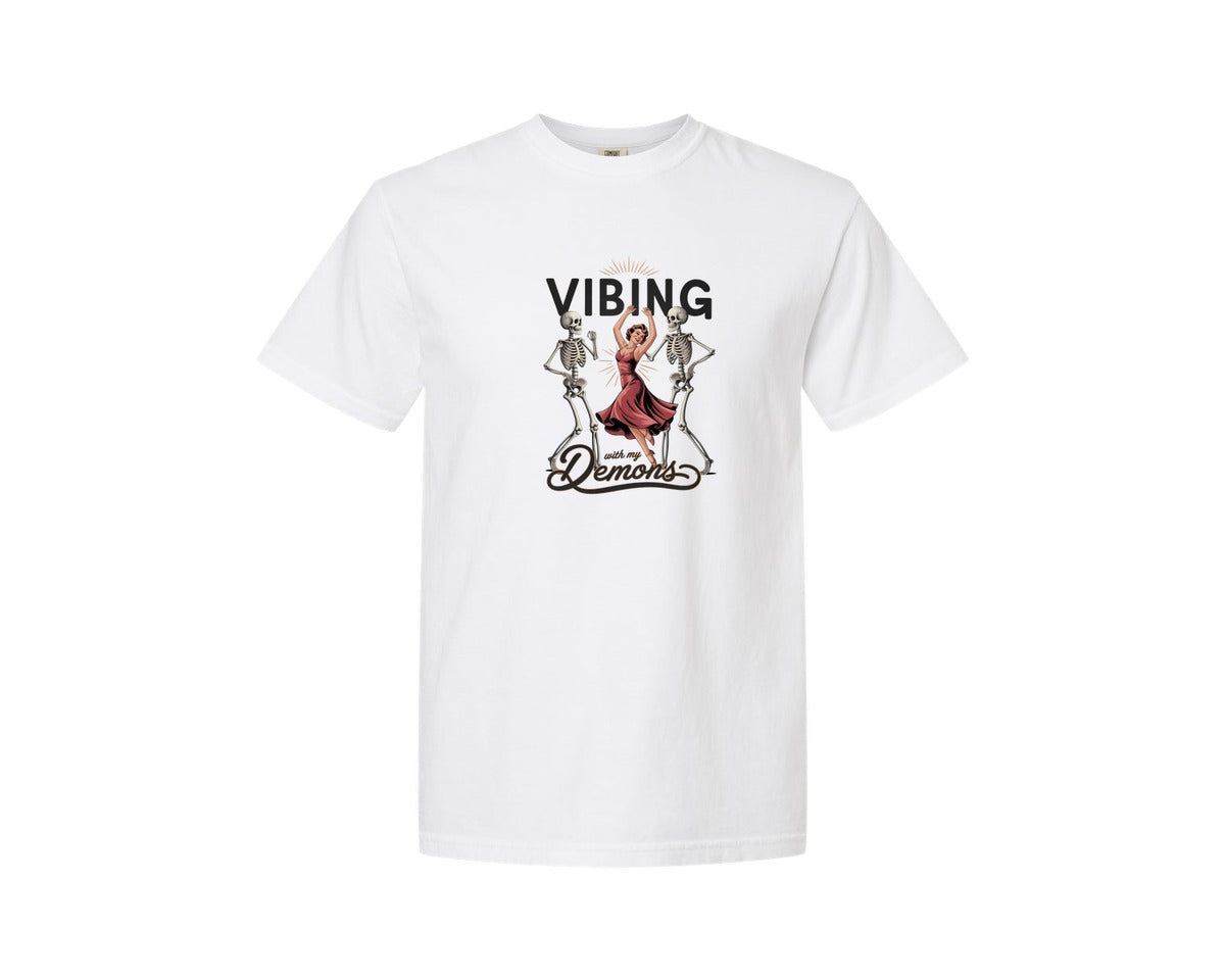 brand:Comfort Colors|color:White|Vibing With My Demons Retro Gothic 2 Graphic T-Shirt