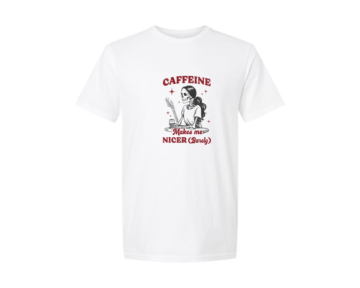 brand:Generic|color:White|Funny Halloween Skeleton Caffeine Graphic T-Shirt