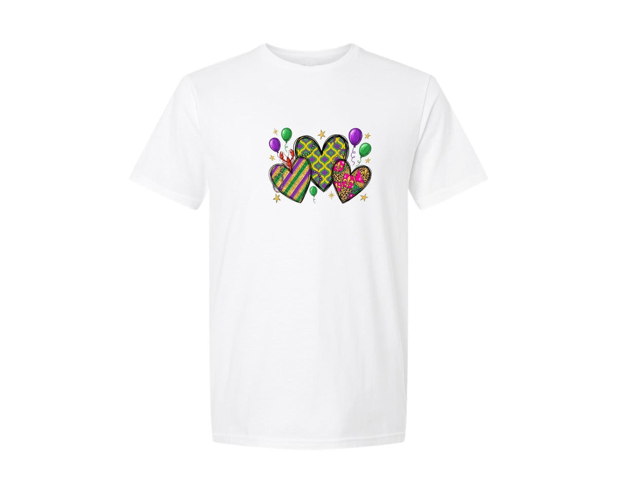 brand:Generic|color:White|Mardi Gras Hearts Design Graphic T-Shirt