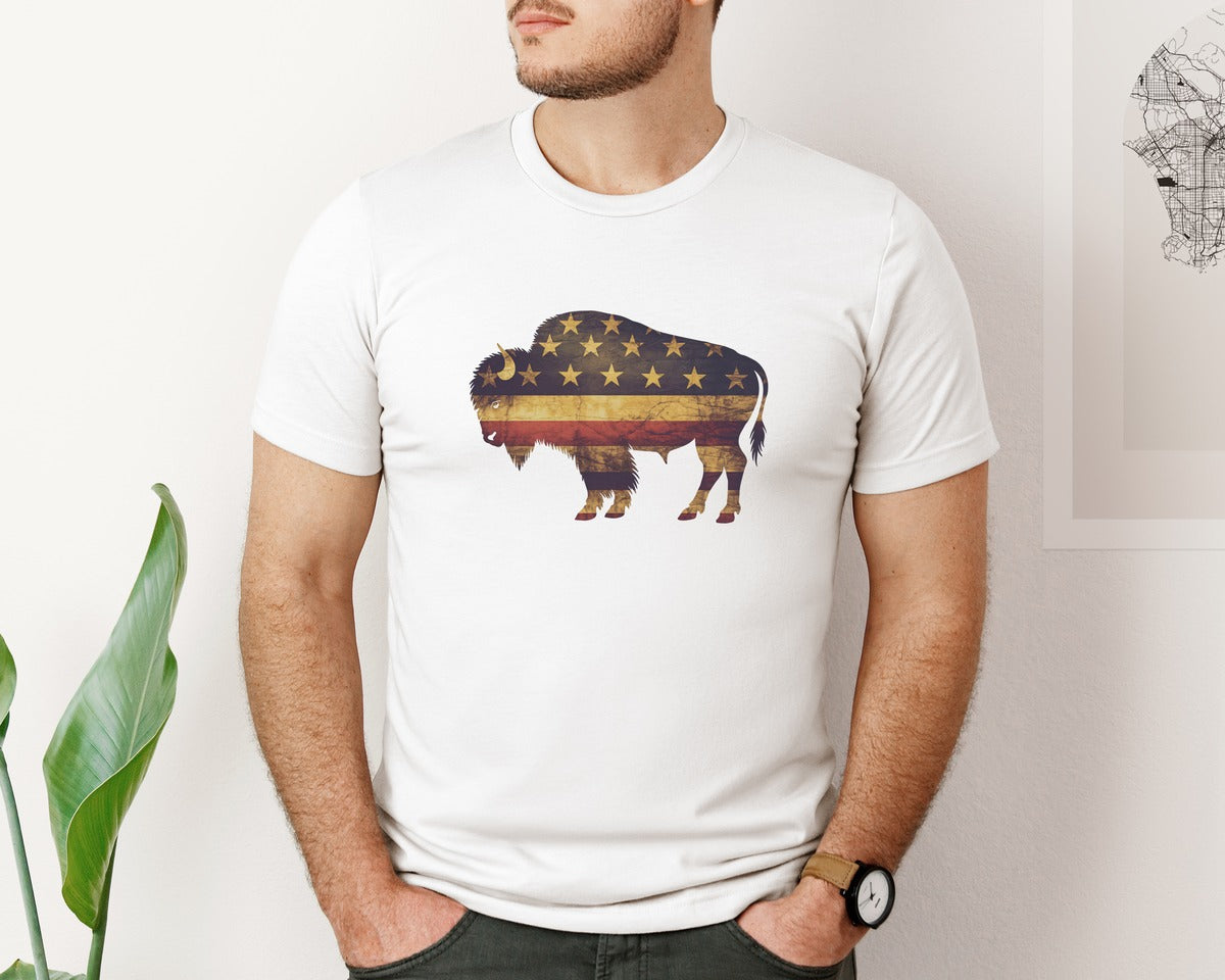 brand:Bella Canvas|color:White|American Bison Patriotic Usa Flag 4 Graphic T-Shirt