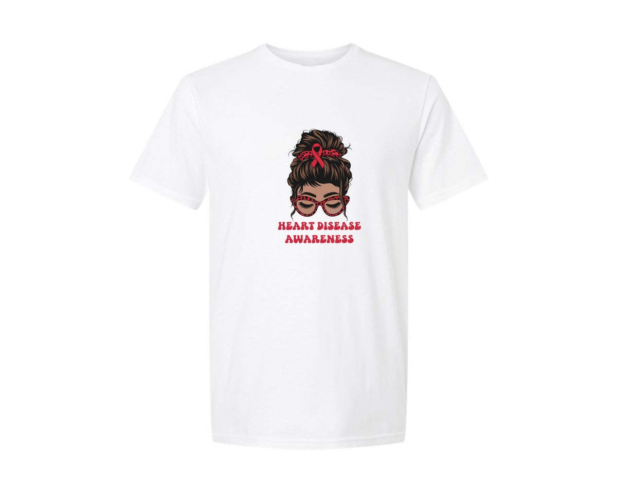 brand:Generic|color:White|Heart Disease Awareness Messy Bun Graphic T-Shirt