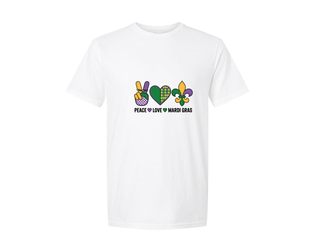 brand:Generic|color:White|Peace Love Mardi Gras 7 Graphic T-Shirt