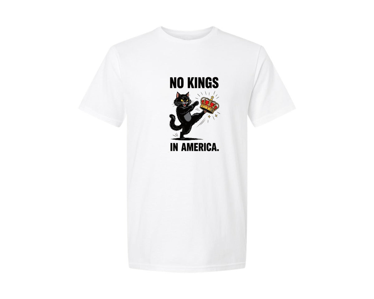 brand:Generic|color:White|No Kings In America Cat Funny Black Graphic T-Shirt
