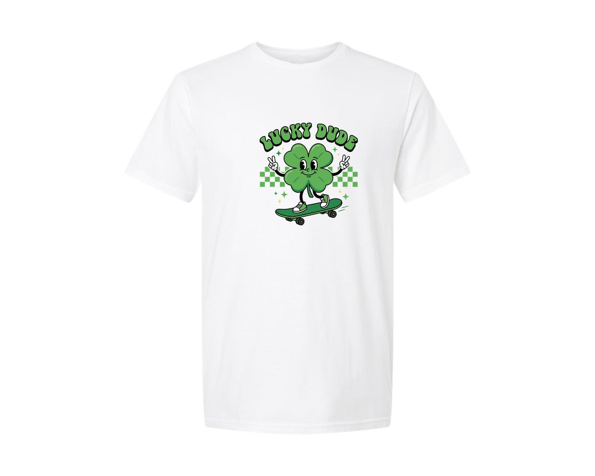 brand:Generic|color:White|Lucky Dude Shamrock Skateboard 2 Graphic T-Shirt