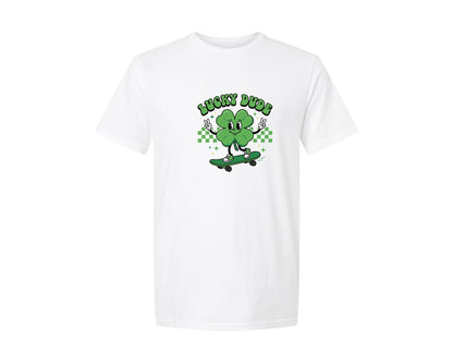 brand:Generic|color:White|Lucky Dude Shamrock Skateboard 2 Graphic T-Shirt