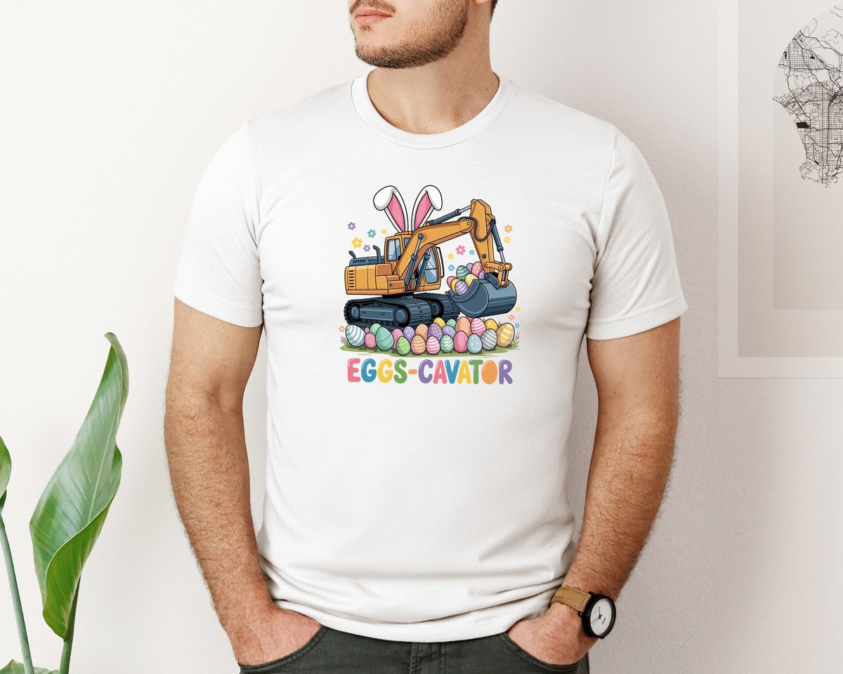 brand:Bella Canvas|color:White|Eggs Cavator Easter Excavator 3 Graphic T-Shirt
