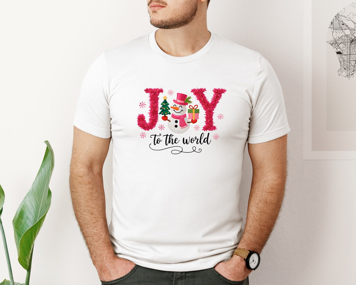 brand:Bella Canvas|color:White|Joy To The World Faux Yarn Snowman Graphic T-Shirt