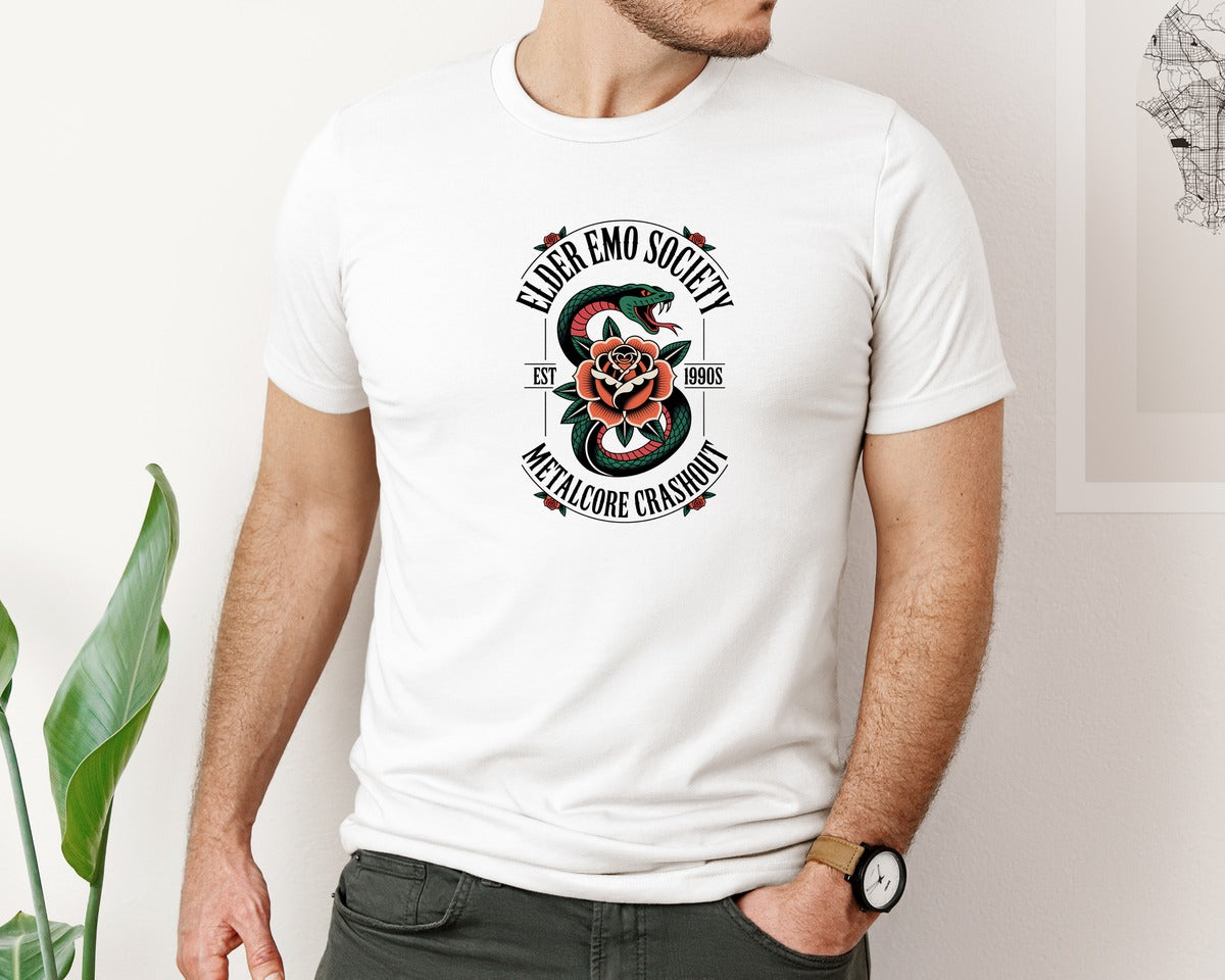 brand:Bella Canvas|color:White|Elder Emo Snake Rose Tattoo Art Graphic T-Shirt