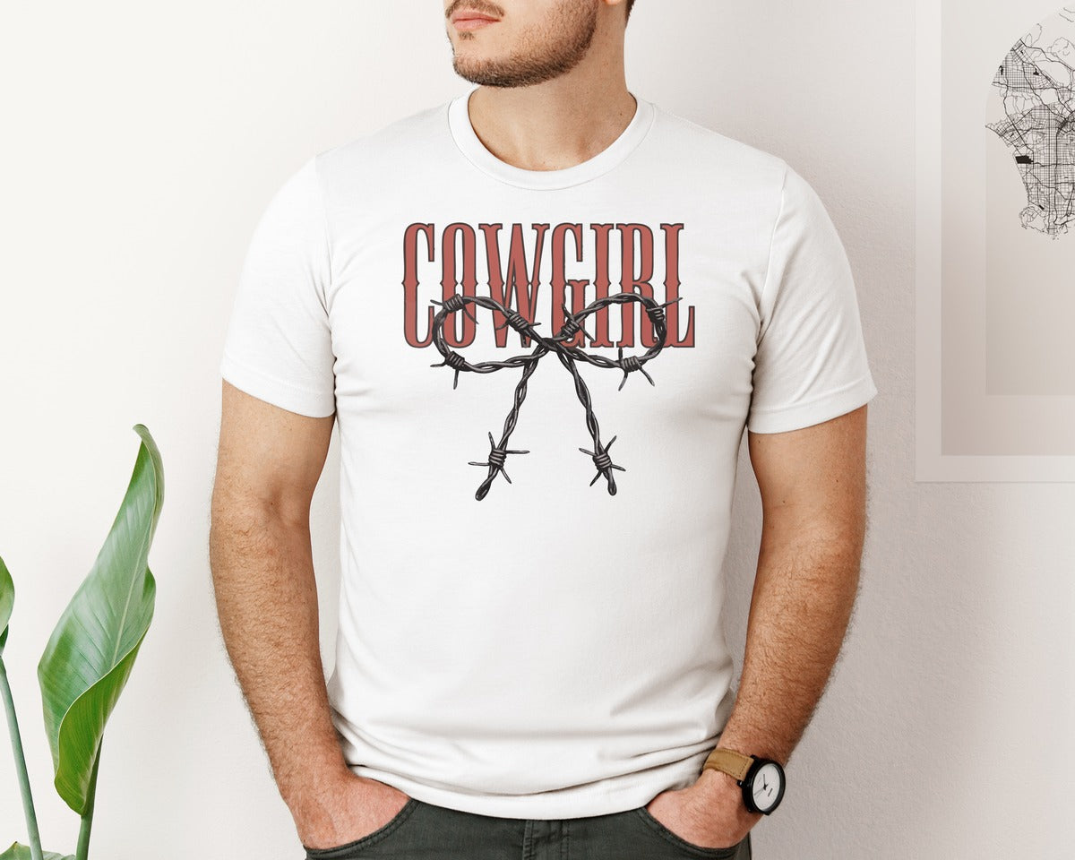 brand:Bella Canvas|color:White|Cowgirl Bow Rustic Western Art Graphic T-Shirt