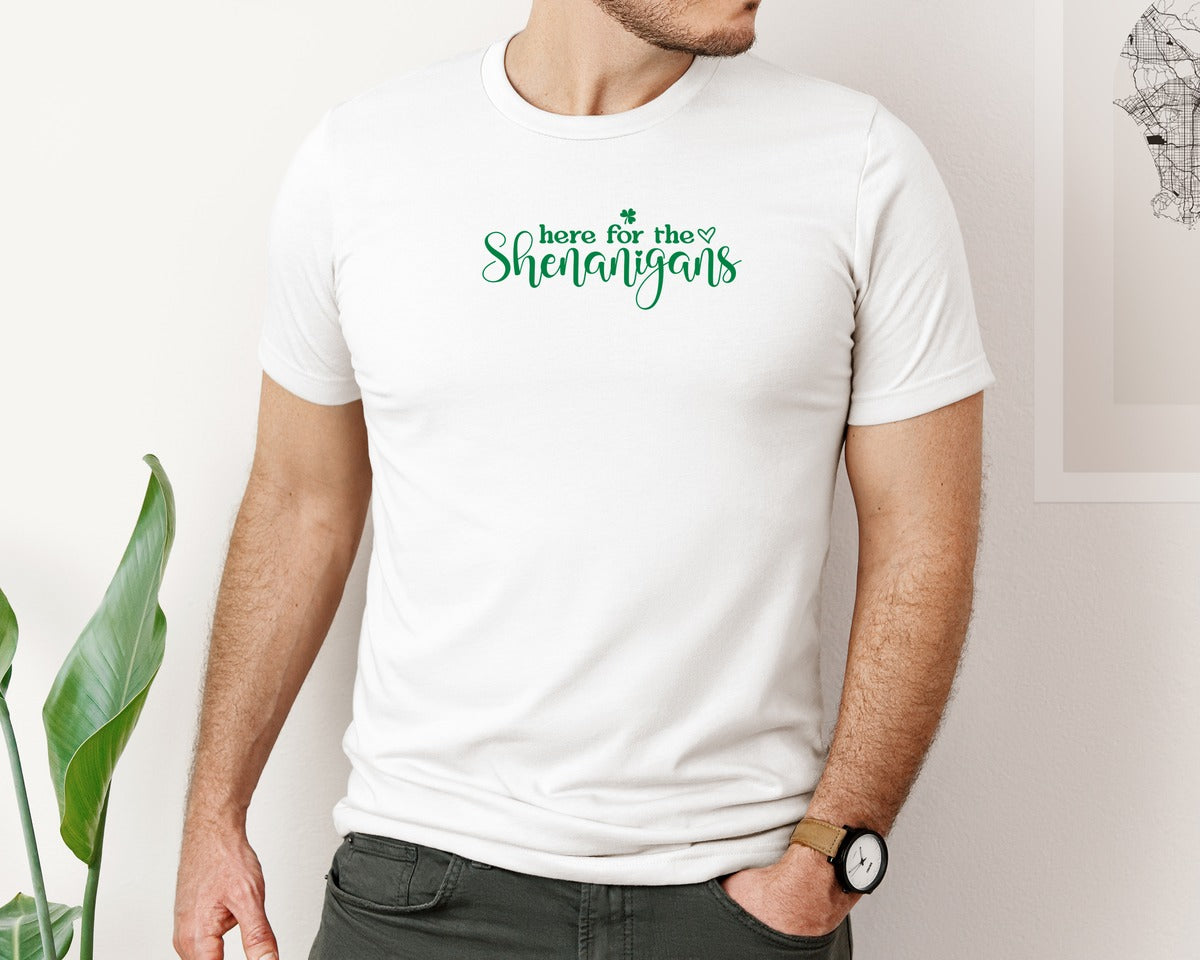 brand:Bella Canvas|color:White|Patricks Day Here For The Shenanigans Graphic T-Shirt