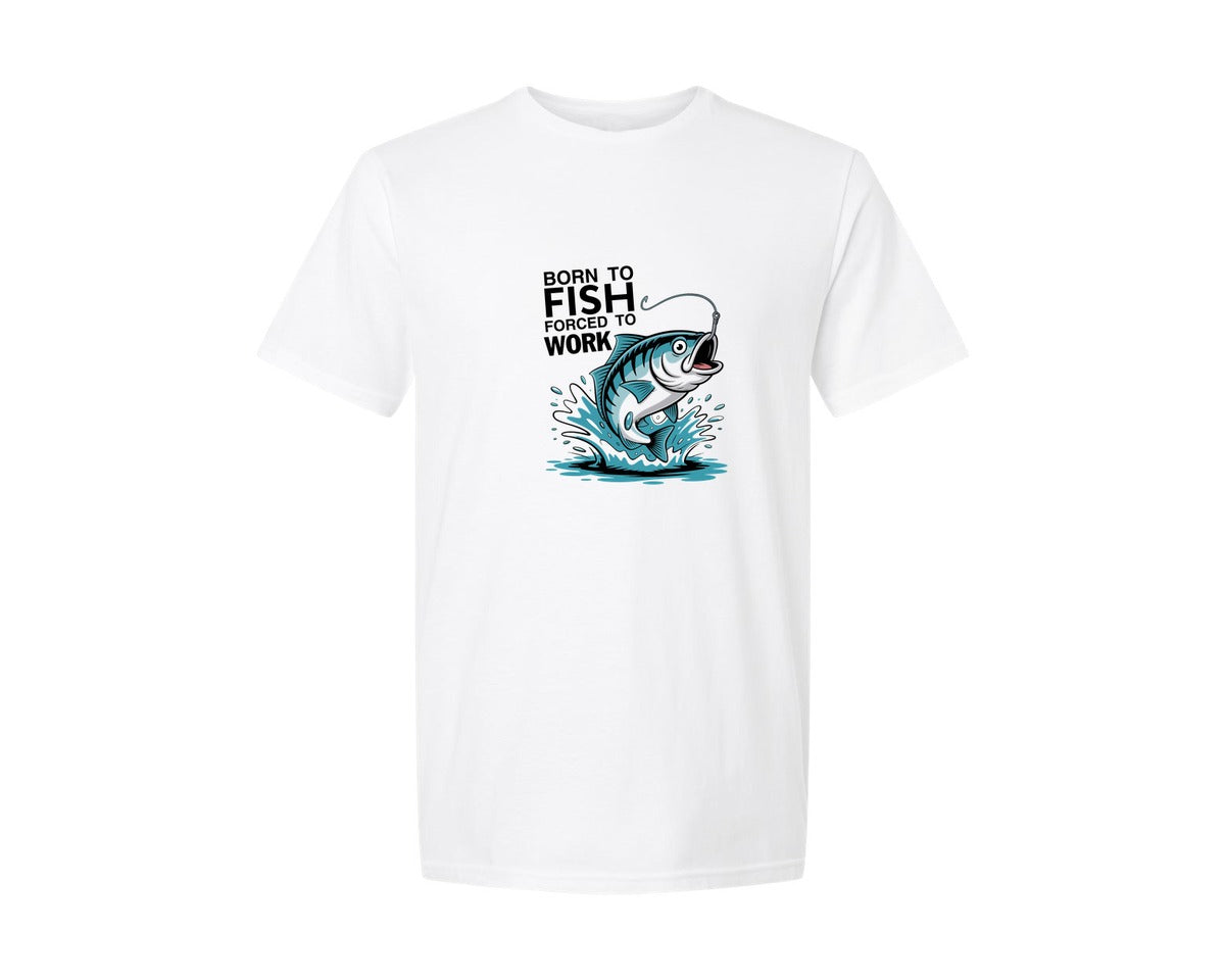 brand:Generic|color:White|Born To Fish Forced To Work 3 Graphic T-Shirt