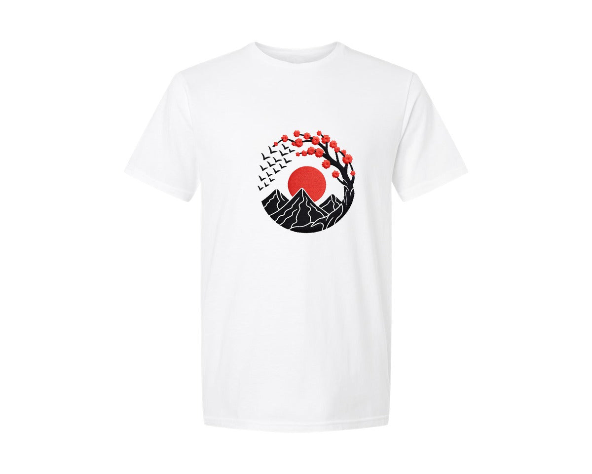 brand:Generic|color:White|Red Sun Mountain Embroidery Graphic T-Shirt