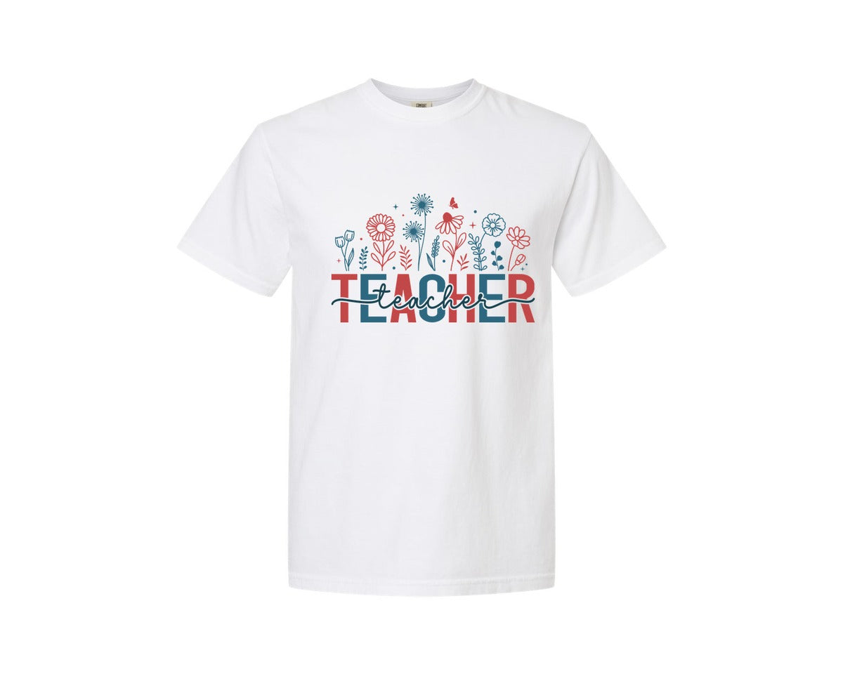 brand:Comfort Colors|color:White|4Th Of July Teacher Floral Usa Flower Graphic T-Shirt