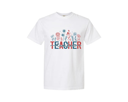 brand:Comfort Colors|color:White|4Th Of July Teacher Floral Usa Flower Graphic T-Shirt