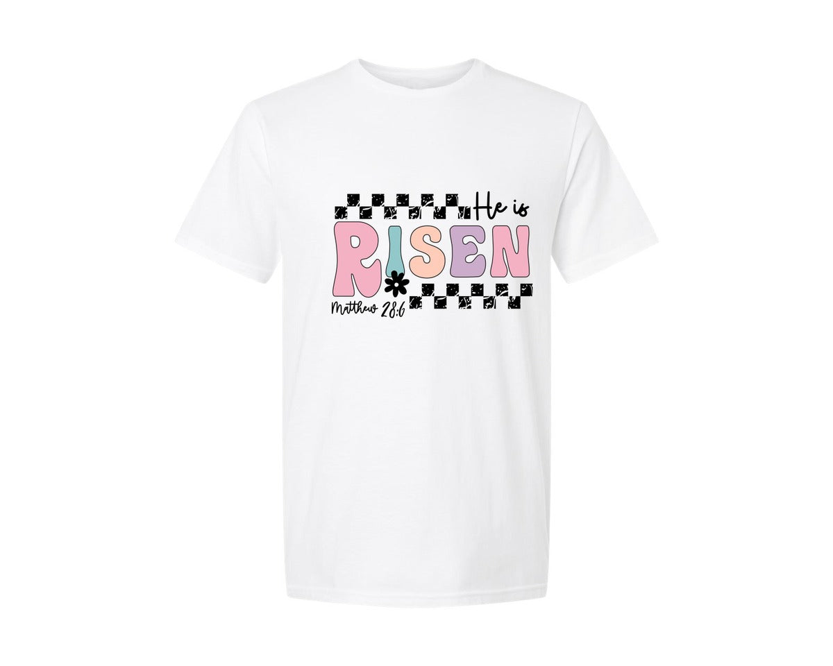brand:Generic|color:White|Retro He Is Risen Easter Checkered Graphic T-Shirt