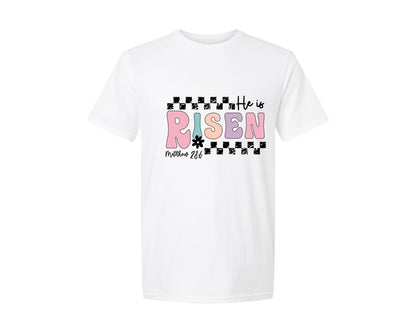 brand:Generic|color:White|Retro He Is Risen Easter Checkered Graphic T-Shirt