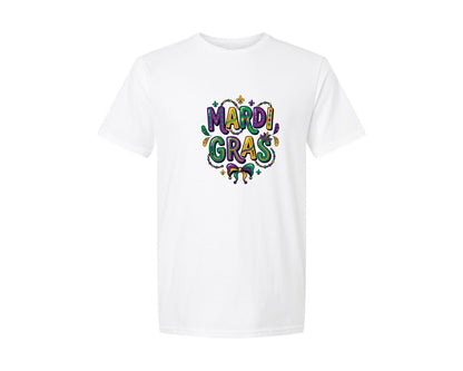 brand:Generic|color:White|Colorful Mardi Gras Typography Graphic T-Shirt