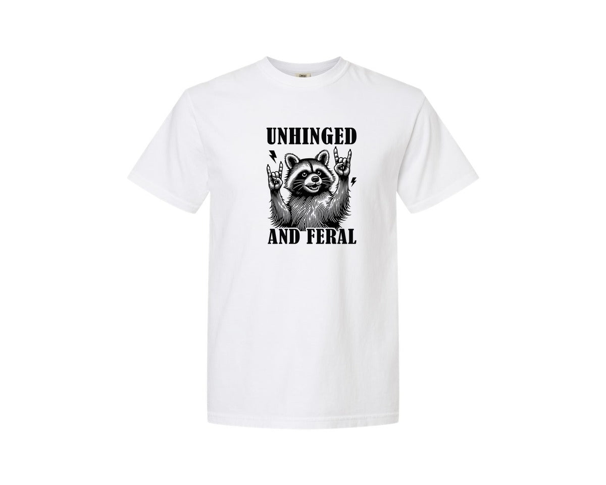 brand:Comfort Colors|color:White|Unhinged And Feral Vintage Raccoon Meme Graphic T-Shirt