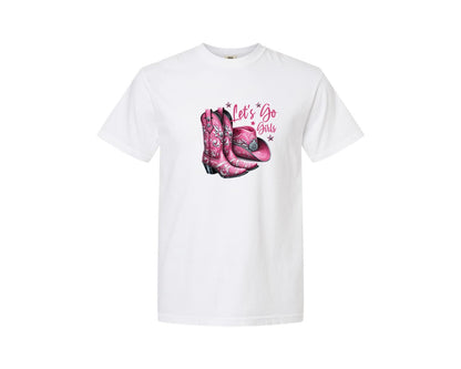 brand:Comfort Colors|color:White|Lets Go Girls Cowgirl Boots 2 Graphic T-Shirt